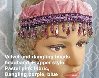 Velvet and dangling beads headband, Flapper style, Pastel pink fabric, Dangling purple, blue, pink beads, 1920&#39;s style or classic headband