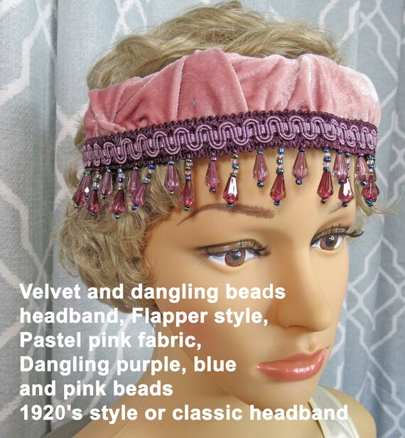 Velvet and Dangling Beads Headband, Flapper Style, Pastel 