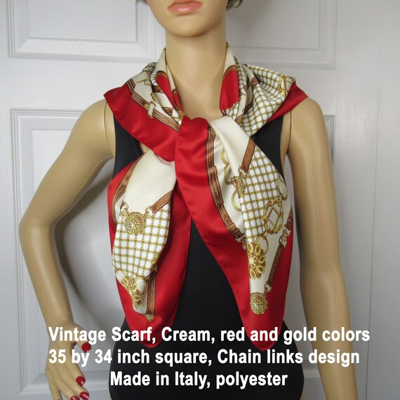 Vintage Scarf, Cream, red and gold print, 35 by 3… - image 3