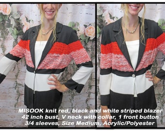 42 inch bust MISOOK knit blazer, Red, black, white striped, V neck with collar, 1 front button, 3/4 sleeves, Sz Medium, Acrylic/Polyester