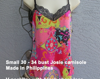 Small 30 - 34 bust camisole, Josie Natori colorful print, Made in Philippines, Polyester/Spandex, Black lace V-neckline, Adjustable straps