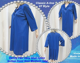 Sz MED Vanity Fair robe, 44 inch bust, Applique trim, navy blue button front nylon, Made in USA, Classic A line knee length, Plastic buttons