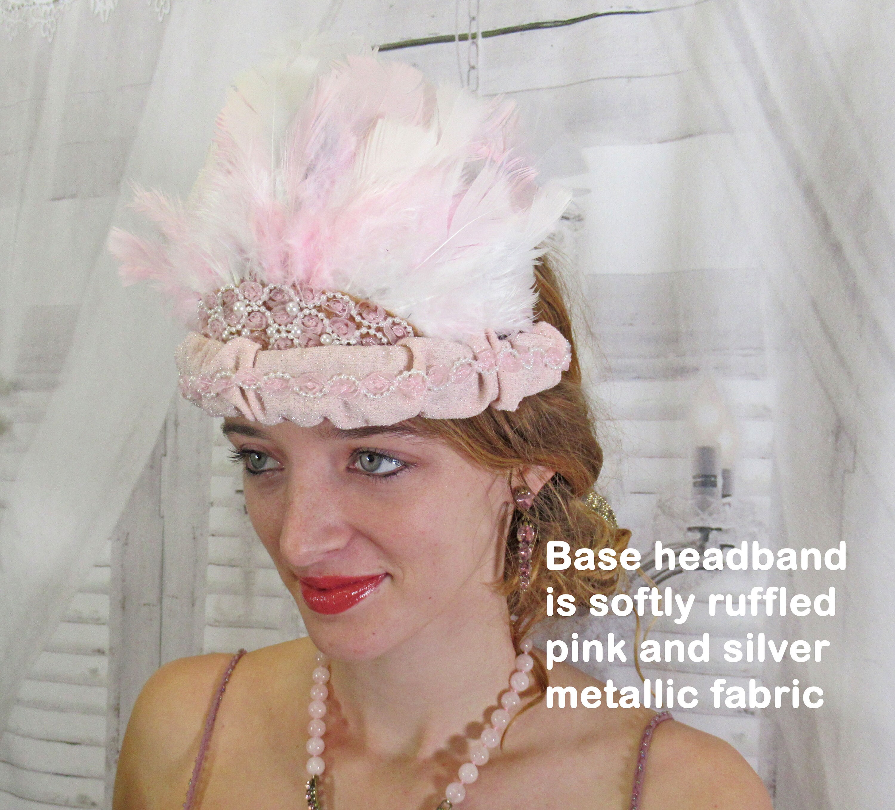 1920's inspired headband with 5 inch tall pink/silver/white feather array, Pastel pink lace and faux white pearl trim on band, Flapper style