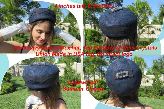 Dark navy blue pillbox hat, Top flat bow w/ clear… - image 2