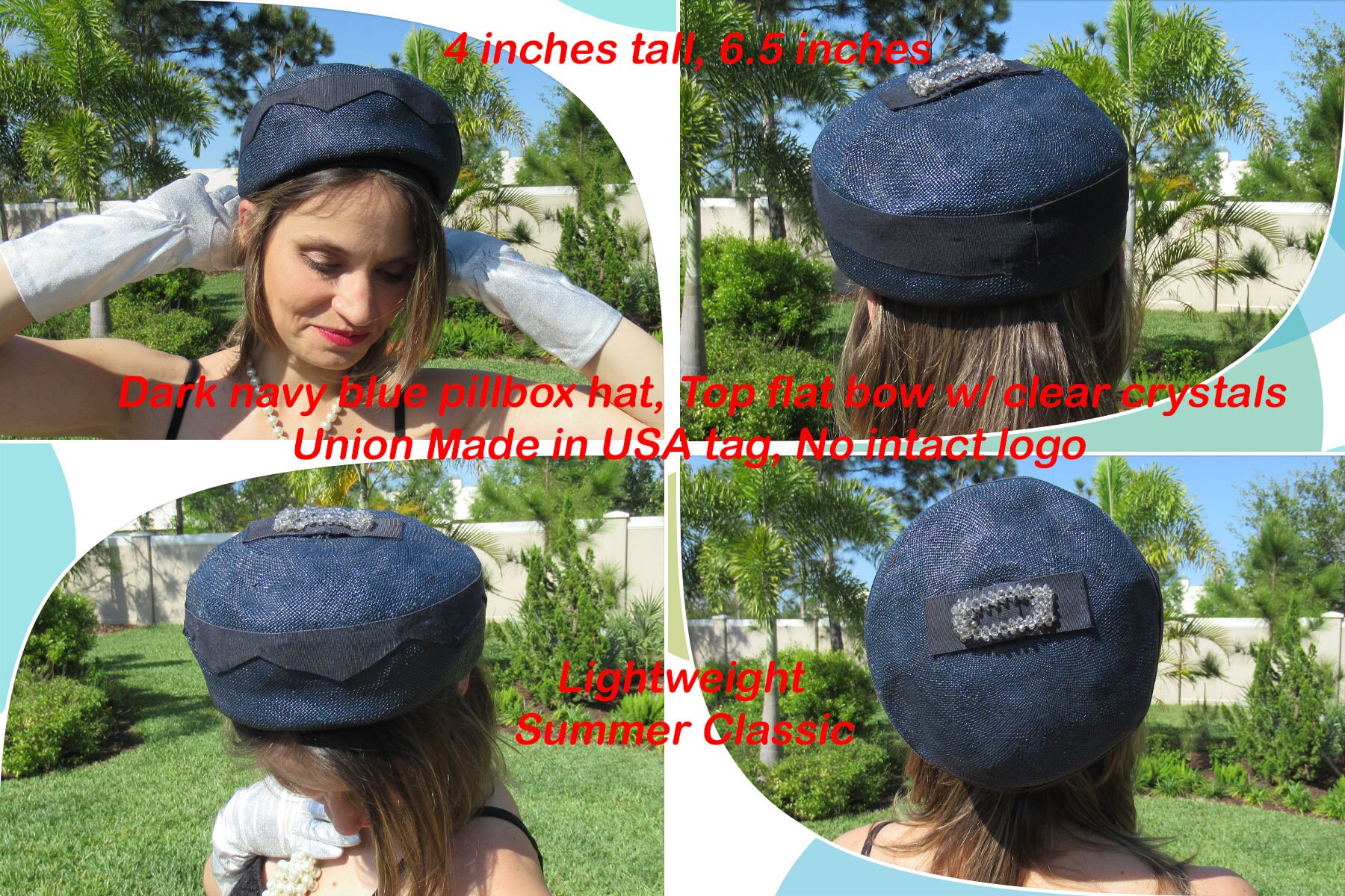 Dark Navy Blue Pillbox Hat, Top Flat Bow W/ Clear Crystals