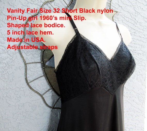 Vanity Fair Sz 32 Slip, Short Black Nylon Pin-up Girl Shaped Lace Bodice, 5  Inch Lace Hem, Made in USA, Vintage 60's Mini, Adjustable Straps 