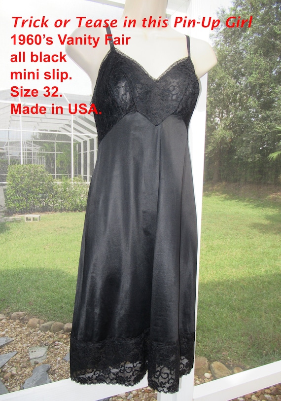 Vanity Fair Sz 32 Slip, Short Black Nylon Pin-up Girl Shaped Lace Bodice, 5  Inch Lace Hem, Made in USA, Vintage 60's Mini, Adjustable Straps 