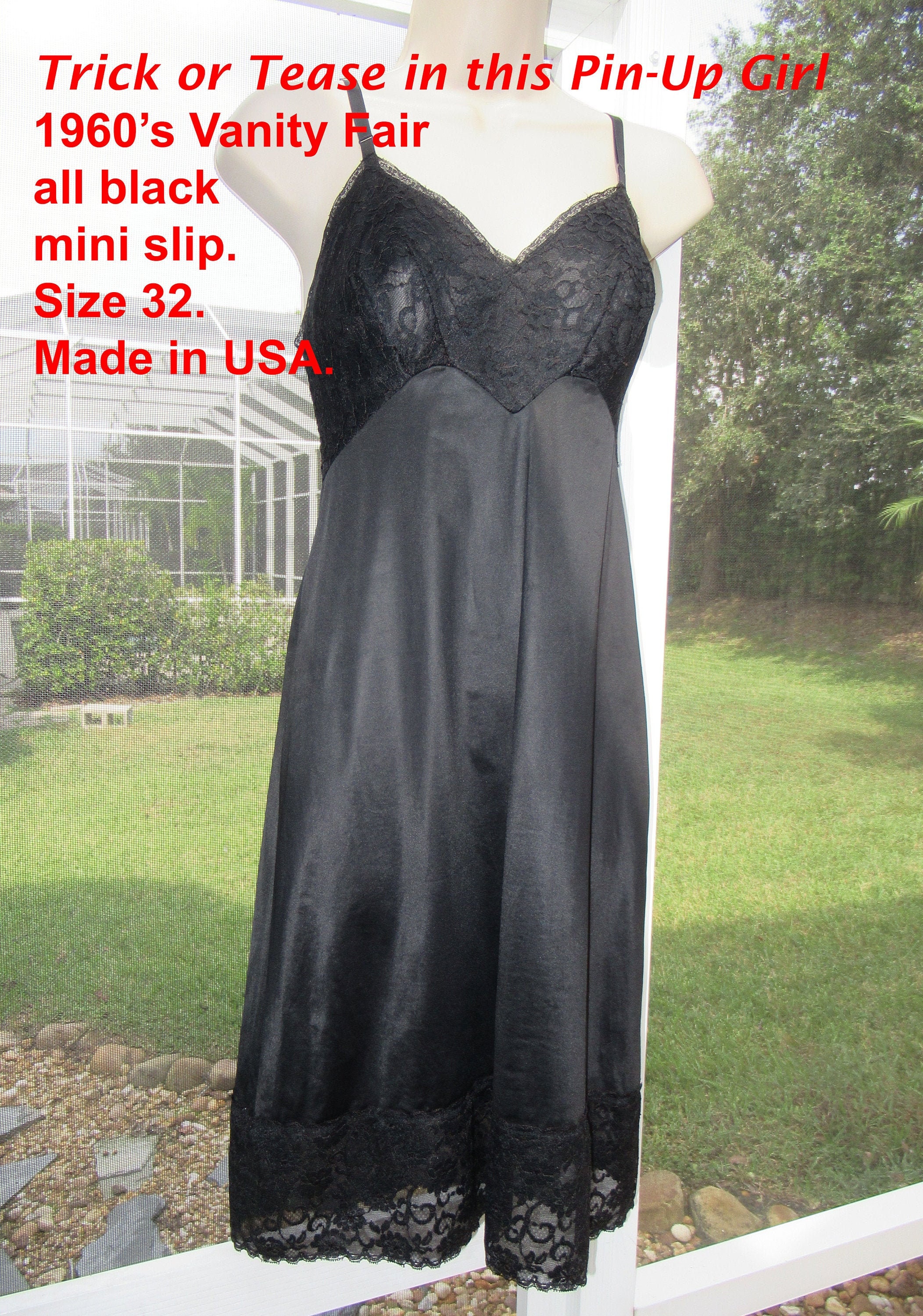 Vanity Fair Sz 32 Slip, Short Black Nylon Pin-up Girl Shaped Lace Bodice, 5  Inch Lace Hem, Made in USA, Vintage 60's Mini, Adjustable Straps -   Ireland
