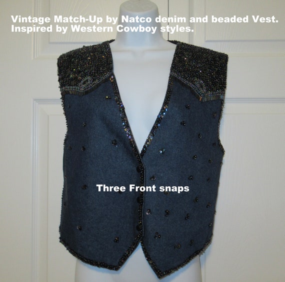 Sz M/L Denim beaded Vest, Inspired by Western Cow… - image 3