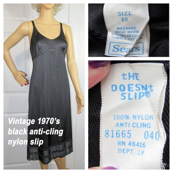 Bust size 38-40 slip, Sears The Doesn't Slip style, Black nylon, Shaped bodice, Lace trim hem, Vintage 1970's, Made in USA, Well made, RARE!