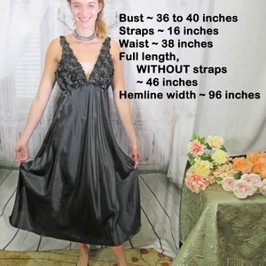 Sz MED nightgown, Flora Nikrooz black low cut bra top with floral fabric appliques, Long A-line w/ Spaghetti strap, 36 - 40 bust, Polyester