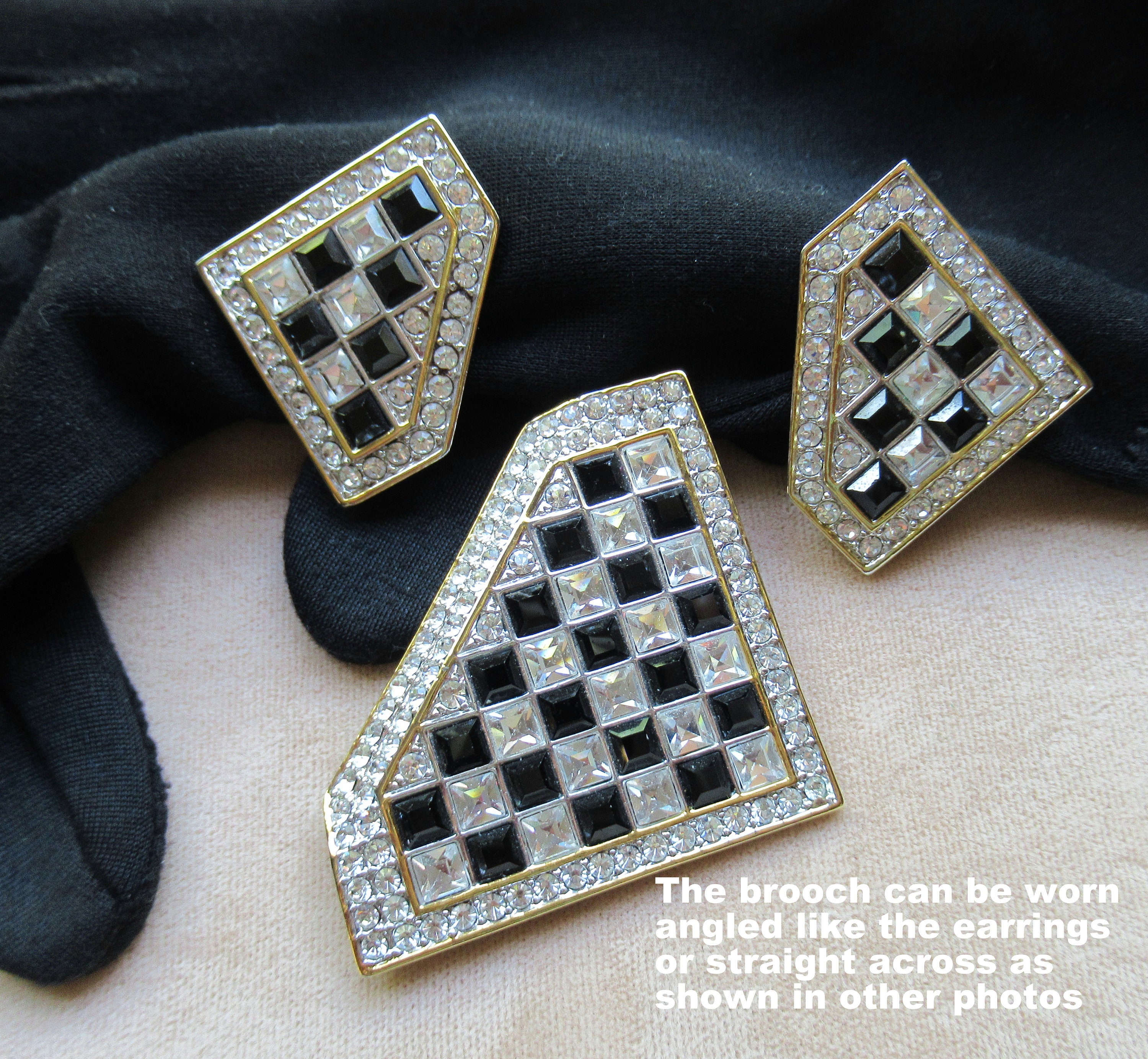 Brooch and Clip Earrings Set Art Deco Inspired Black & Clear - Etsy