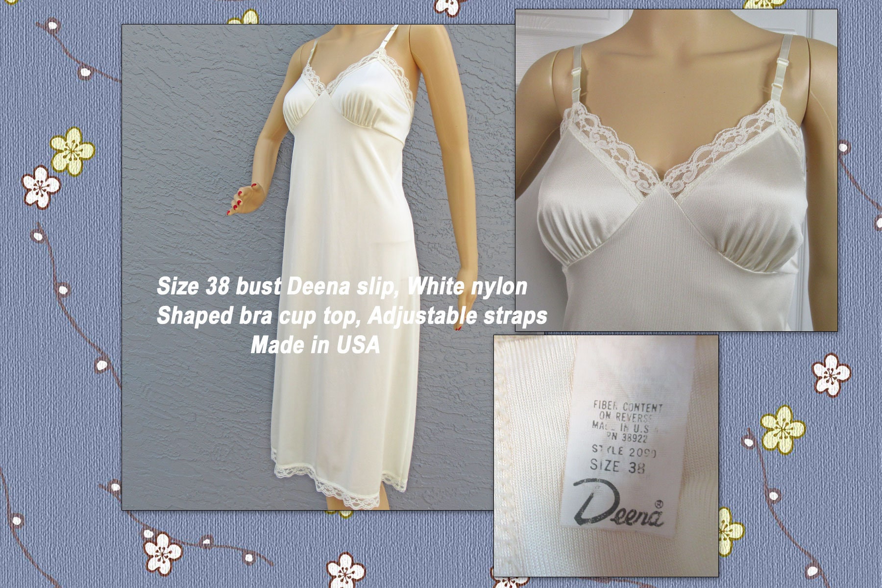 Size 38 Bust Deena Slip, White Nylon, Sheer Floral Lace Trim at