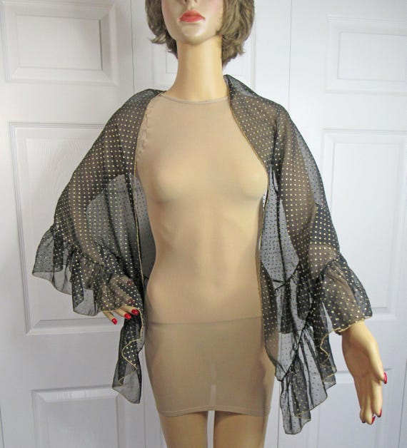 Black with small gold metallic dots ruffled edge triangular wrap or shawl, 4 inch soft ruffle trim, 72 by 37 inch wrap, No logo or tag