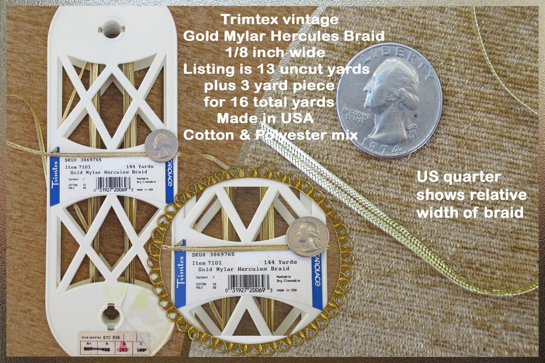 16 Yards Trimtex Gold Mylar Hercules Braid, 1/8 Inch Wide, Listing is ...