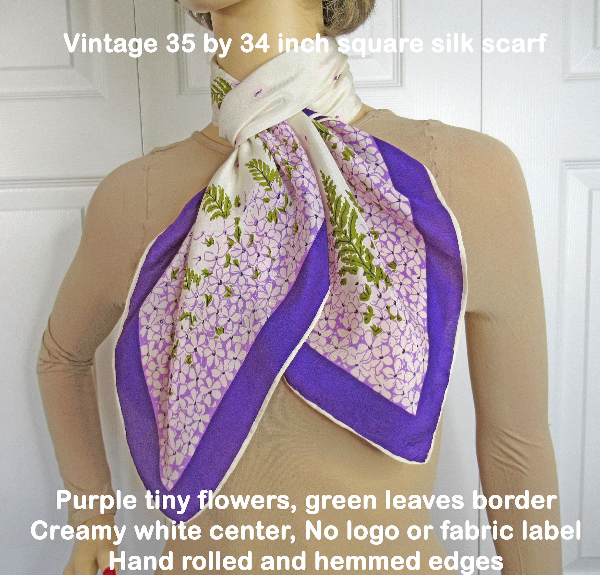 小物 mame Hand Printed Rectangle Silk Scarf VTG 35 by 34 Inch Square Silk Scarf, Purple Tiny Flowers, Green