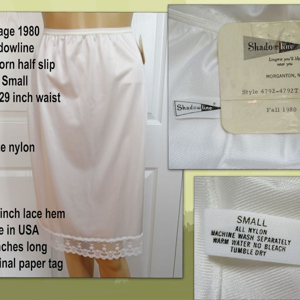 Vintage 1980 Shadowline unworn half slip, Sz S, 22 - 29"  waist, White nylon, 2.5" lace hem, Made in USA, 23 inches long, Original paper tag