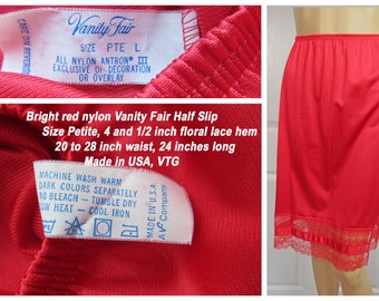 Bright red nylon Vanity Fair Half Slip, Sz Petite, 4 and 1/2 inch floral lace hem, 20 to 28 inch waist, 24 inches long, Made in USA, VTG