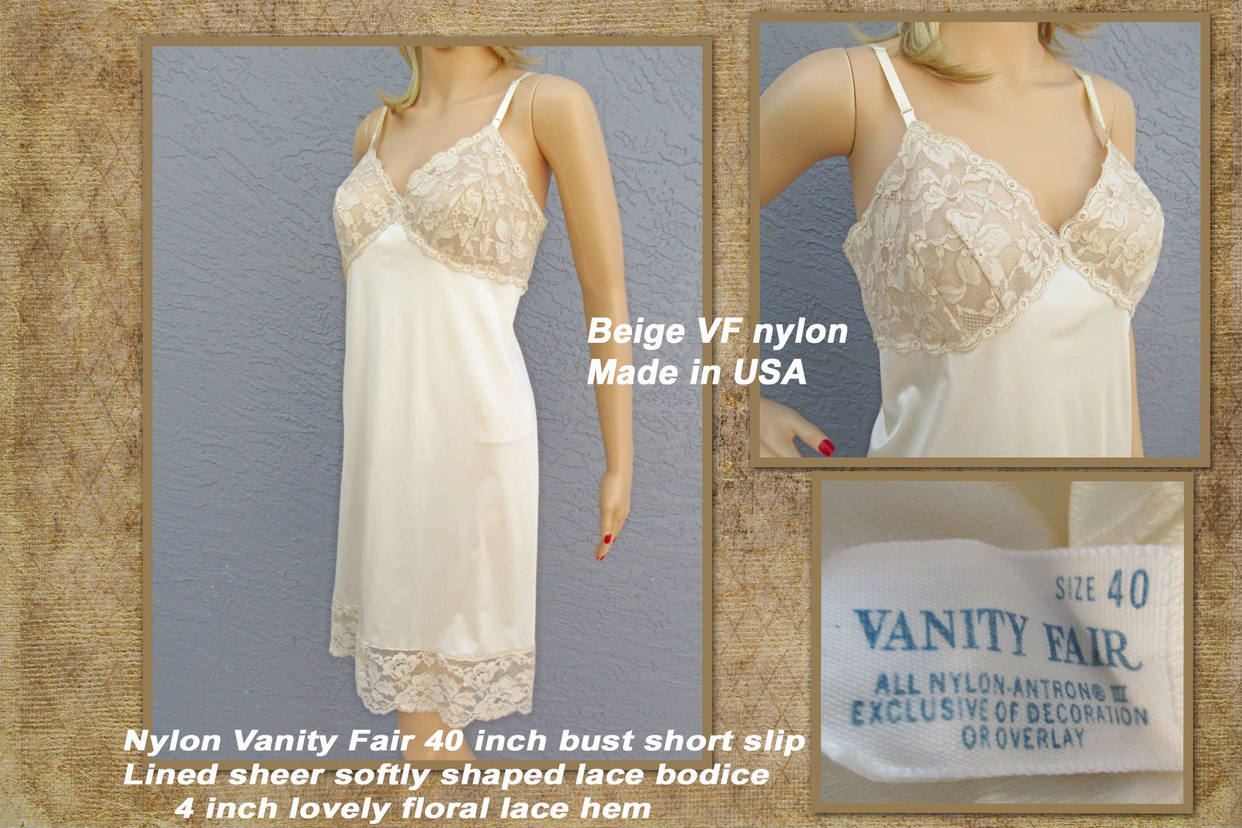 Vanity Fair 40 Inch Bust Short Slip, Nylon Lined Sheer Softly Shaped Lace  Bodice, 4 Inch Lovely Floral Lace Hem, Beige, Made in USA, Vintage -   Canada