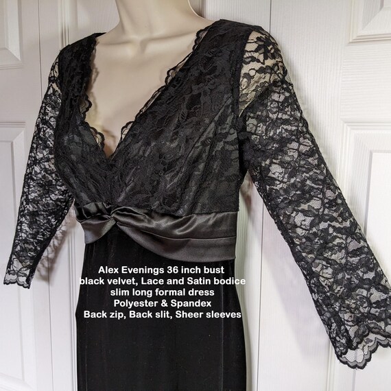 Alex Evenings 36" Bust Black Velvet, Lace and Satin Bodice, Slim Long  Formal Dress, Polyester & Spandex, Back Zip, Back Slit, Sheer Sleeves - Etsy