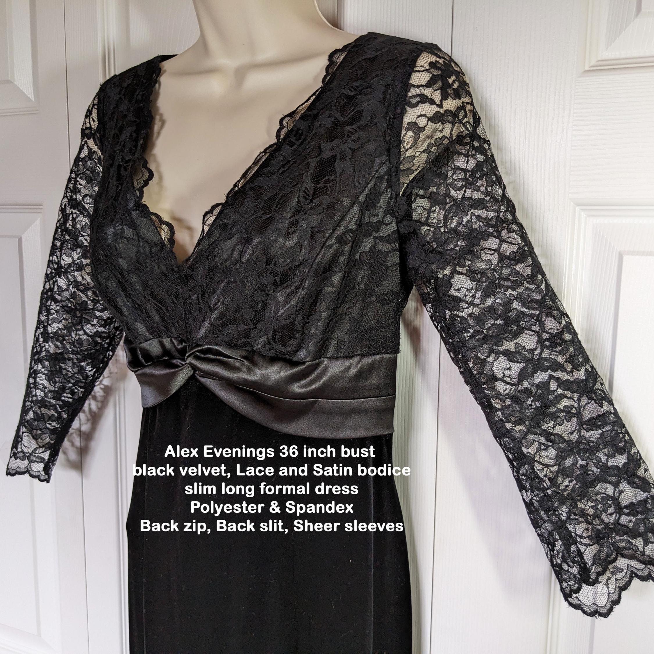 Alex Evenings 36" Bust Black Velvet, Lace and Satin Bodice, Slim Long Formal  Dress, Polyester & Spandex, Back Zip, Back Slit, Sheer Sleeves - Etsy
