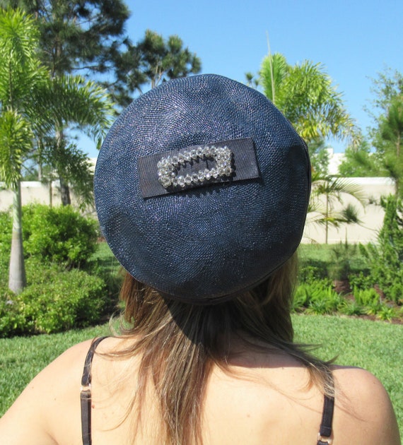 Dark navy blue pillbox hat, Top flat bow w/ clear… - image 3