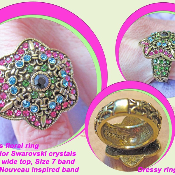 Sz 7 Heidi Daus floral ring, Multi color Swarovski crystals on 1 inch wide top plus sides, Carved statement band, Dressy ring with bling!