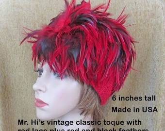 Mr. Hi&#39;s Classic hat, Toque style, Red wool shaped felt w/ lace trim, Red & black top feathers, 6 inch tall, 22.5 inches inside, Made in USA