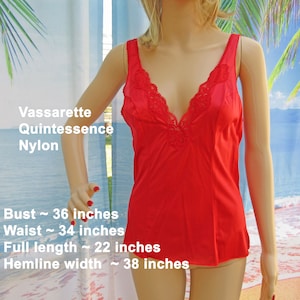 36 bust Vassarette camisole, Bright red Quintessence Nylon, Non-adjustable straps, Sheer lace low V neck, Made in USA, 1 mended spot, VTG