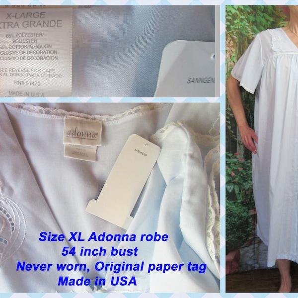 Sz XL Adonna robe, 54 inch bust, Never worn, Original paper tag, Cotton/Poly pastel blue, White floral trim collar, V neck, Made in USA, VTG