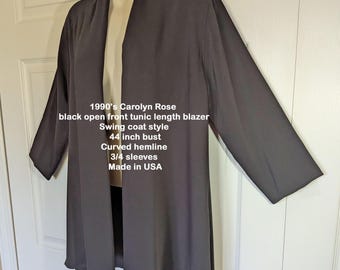 1990's Carolyn Rose black open front tunic length blazer, Original sales tag, A-line, 44" bust, Curved hemline, 3/4 sleeves, Made in USA
