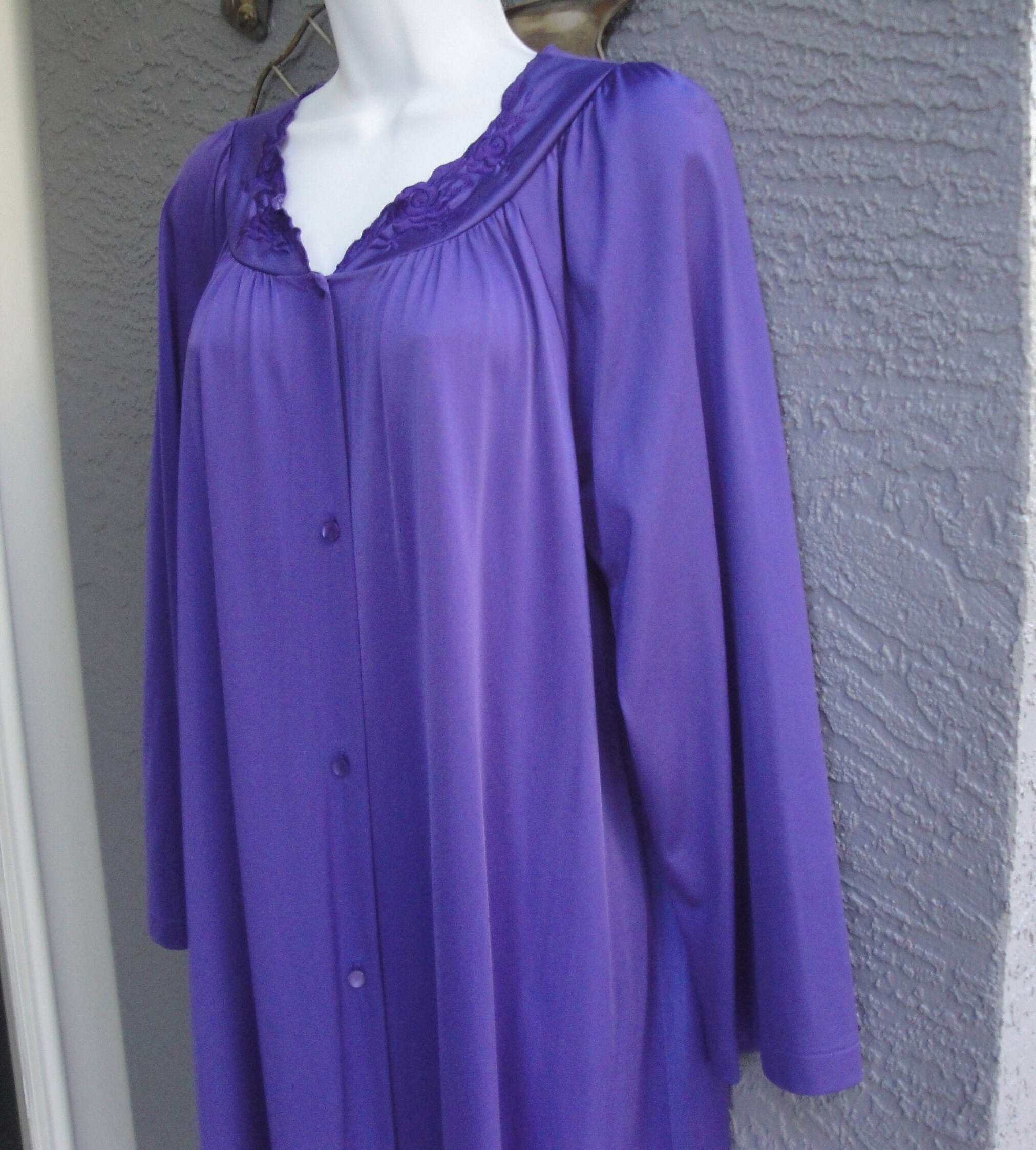 Royal purple nylon robe Full length Long sleeves Floral Etsy