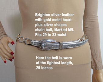 Brighton silver leather with gold metal heart plus silver shapes chain belt, Marked M/L, Fits 29 to 33 inches waist, Never worn chic style