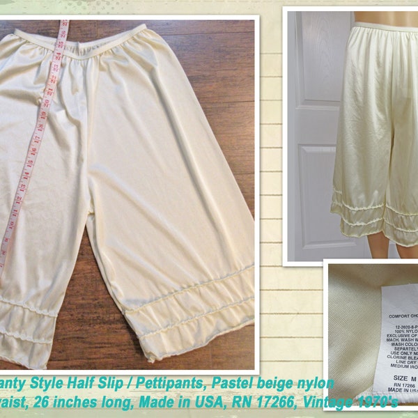 Luxerdame Panty Style Half Slip / Pettipants, Pastel beige nylon, 24 - 36 inch waist, 26 inches long, Made in USA, RN 17266, Vintage 1970's