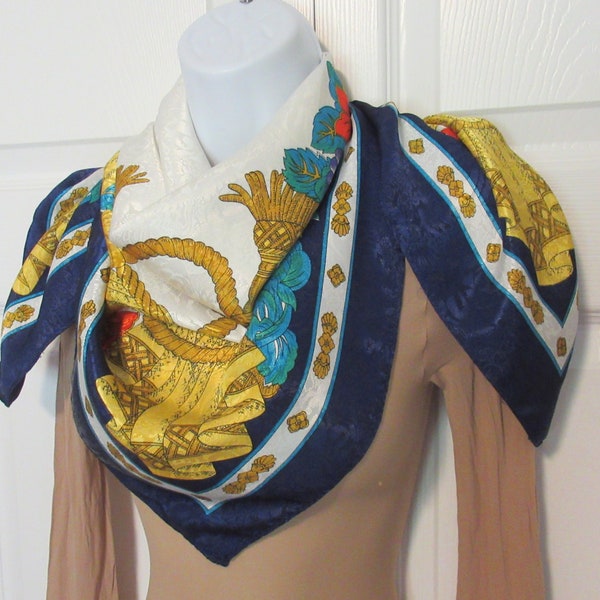 Polyester 35 inch square scarf, Border prints of gold braid, tassels, sea shells, leaves & drapery, Blue, gold, teal, White center, VTG chic