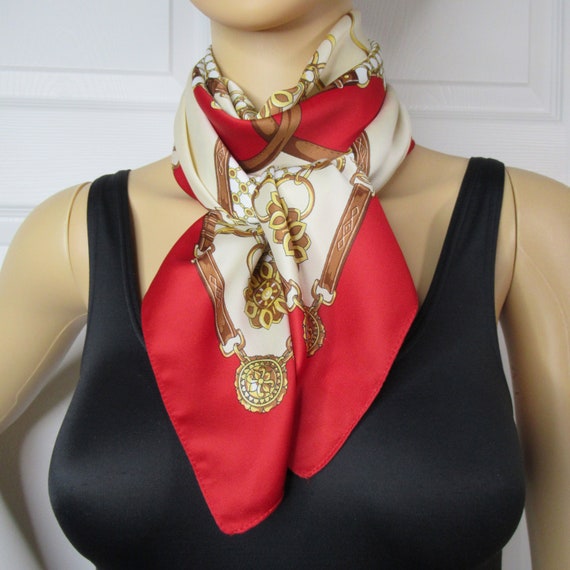 Vintage Scarf, Cream, red and gold print, 35 by 3… - image 10