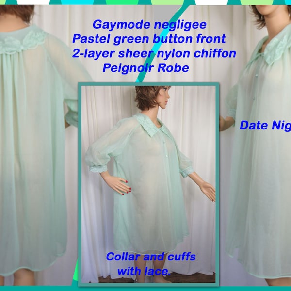 Sz MED Gaymode negligee, Pastel green button front 2-layer very sheer nylon chiffon Peignoir style Robe, Knee length, Collar & cuffs w/ lace