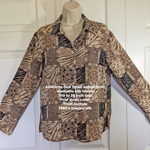 Additions Sz S animal print washable silk blouse, Fits to 36&quot; bust, Fold down collar, Long sleeve, Front buttons, 1980&#39;s sueded silk, VTG