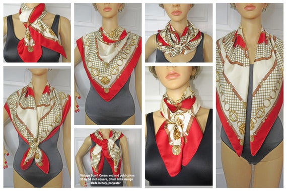 Vintage Scarf, Cream, red and gold print, 35 by 3… - image 5