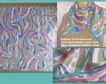 Écharpe carrée Pendleton de 30 pouces, design inspiré de Pucci dans des couleurs pastel, « tel quel » vintage endommagé mais délicieux, années 1960, écharpe en prime Donuts