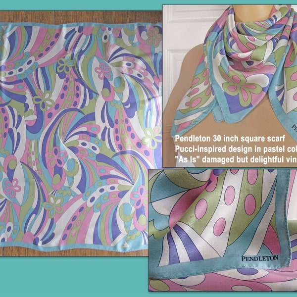 Pendleton 30 inch square scarf, Pucci-inspired design in pastel colors, "As Is" damaged but delightful vintage, 1960s,  Bonus Scarf Donuts