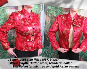 36 inch bust slim fit blazer, Waist length, Button front, Mandarin collar, Silk & Polyester mix, MSK with Red/gold Asian pattern, Lined, VTG