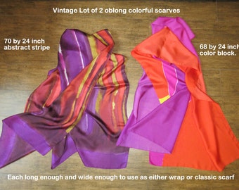 Parti med 2 avlånga halsdukar, 1:a 70 x 24 abstrakt rand, 2:a 68 x 24 färgblock, Använd var och en som sjal/halsduk, Bonus Scarf Donuts, Färgglad VTG