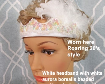 White headband with white aurora borealis beaded scalloped edge lace and white feathers, 1920&#39;s inspired, Flapper or classic headband style