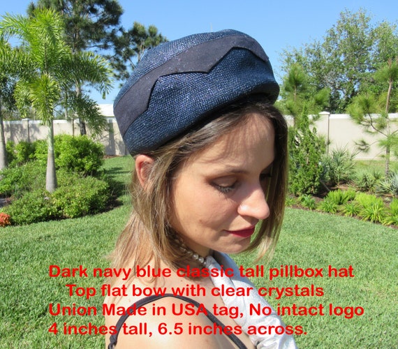 Dark navy blue pillbox hat, Top flat bow w/ clear… - image 1