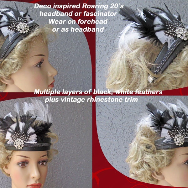 Deco inspired headband or fascinator, Multiple layers of black, white feathers plus rhinestone trim, Black band, Headband or on forehead