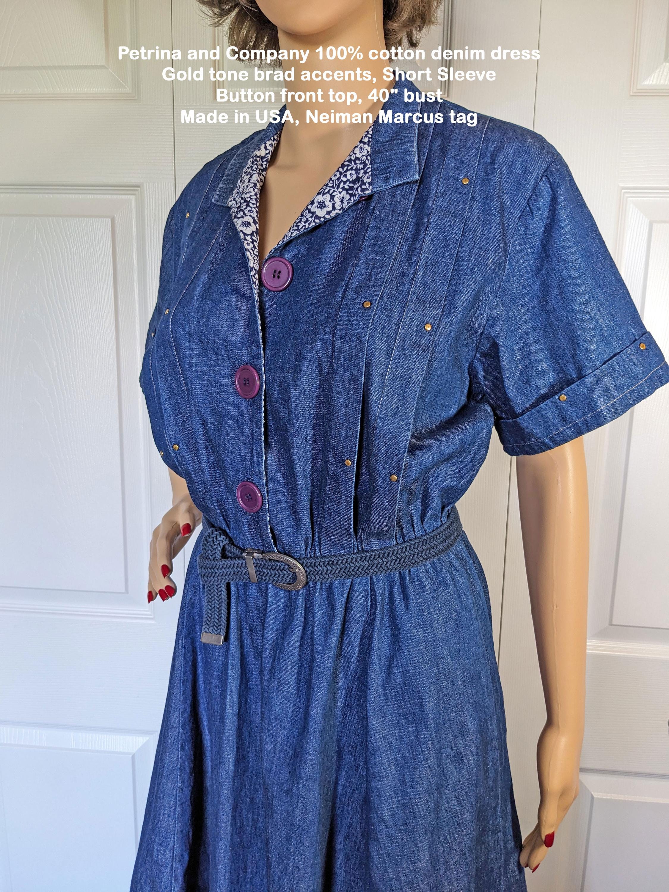 Petrina and Company 100% Cotton Denim Dress, Gold Tone Brad Accents, Short  Sleeve, Button Front Top, 38" Bust, Made USA, Neiman Marcus Tag - Etsy