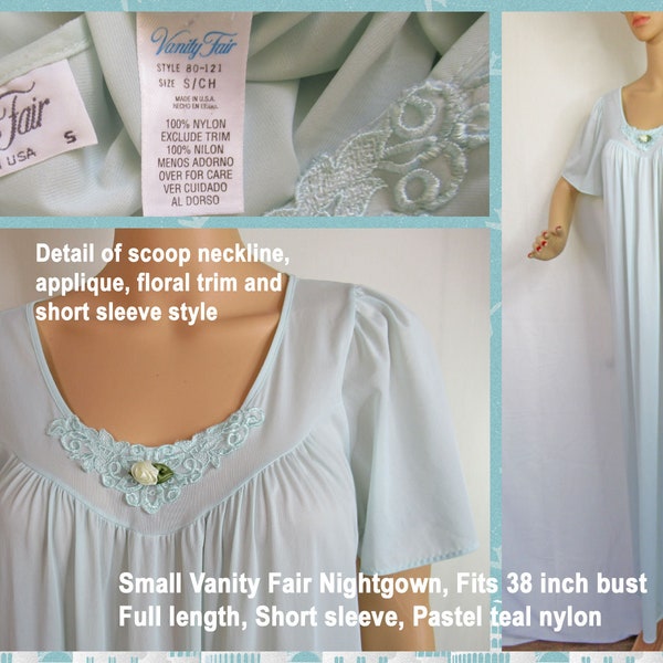 Size Small Vanity Fair Nightgown, Fits 38 inch bust, Scoop neck w/ floral trim, Full length, Short sleeve, Pastel teal VF nylon, Made in USA