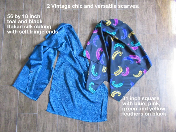 2 vintage scarves, 1st is 56 by 18 teal & black I… - image 1