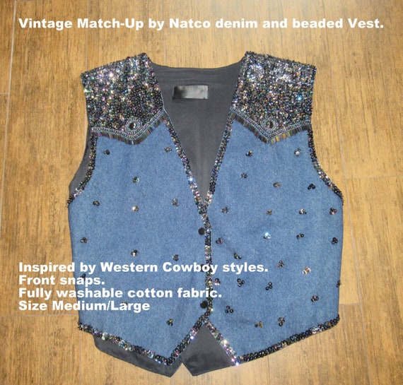 Sz M/L Denim beaded Vest, Inspired by Western Cow… - image 1